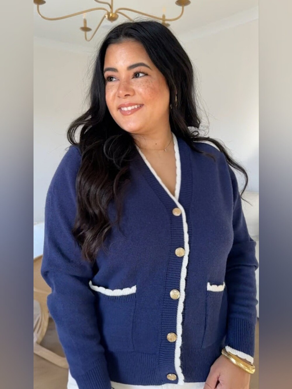 Cielo Navy Cardigan with White Scallop Edge Trim and Gold Buttons